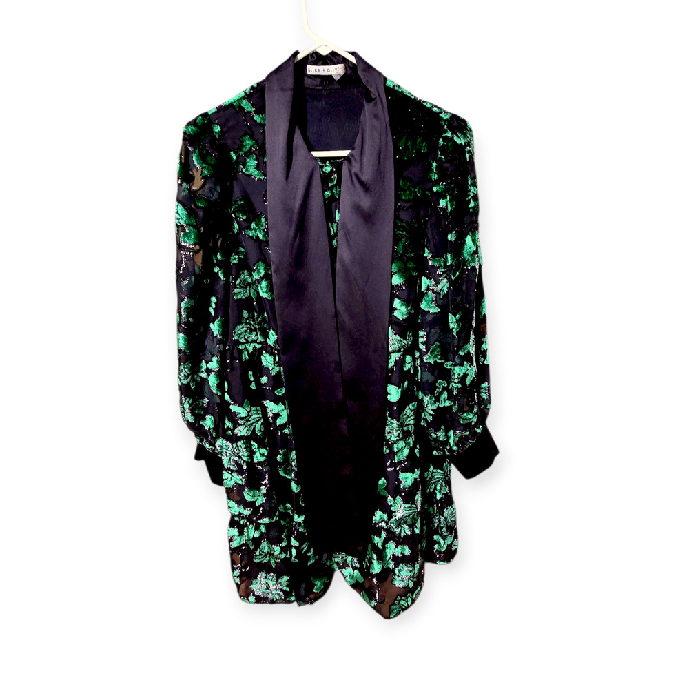 Alice + Olivia Rowen Green Black Velvet Burnout Floral Bow Mini Dress XL - Picture 5 of 10